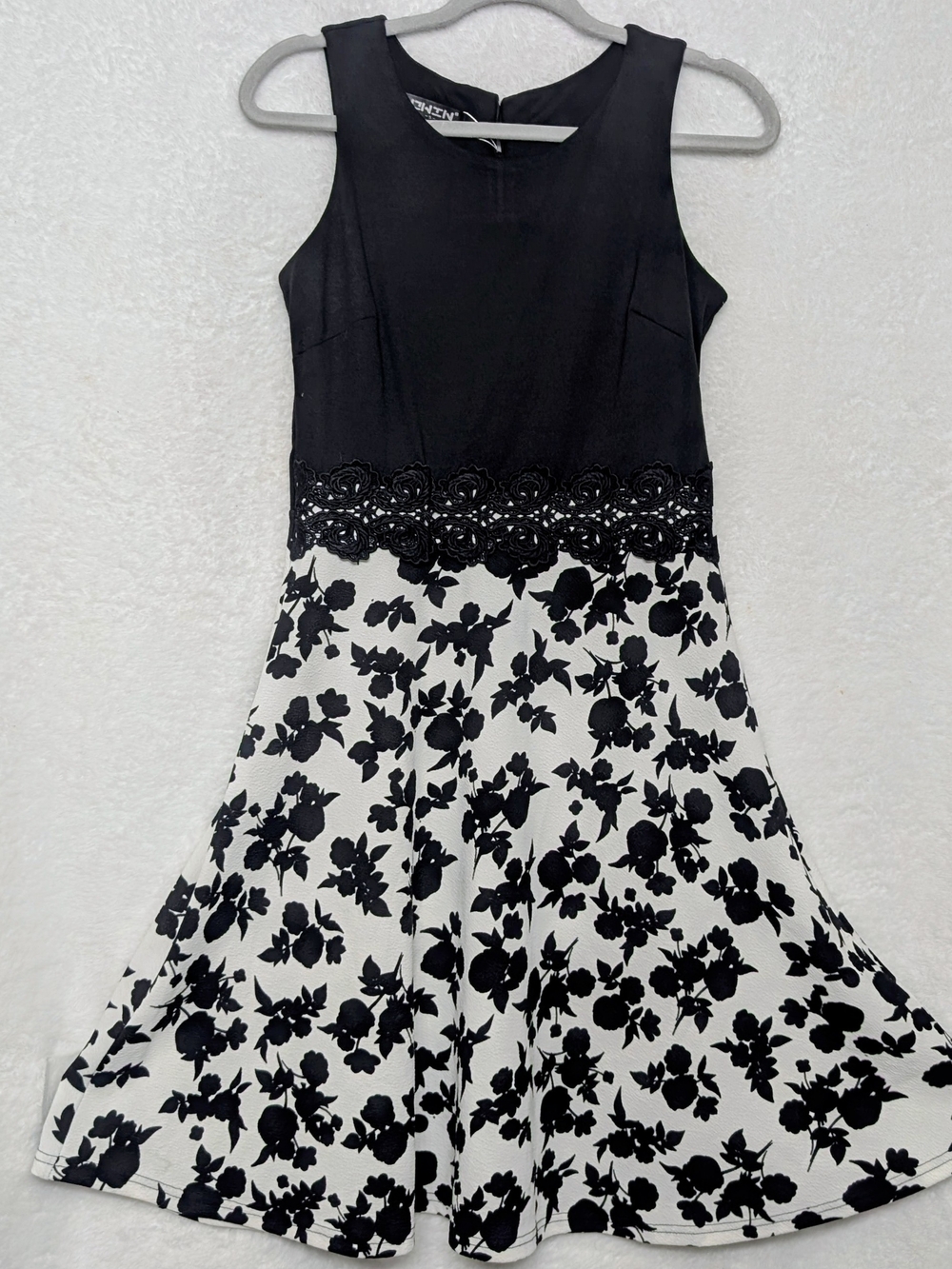 Black & White Floral Midi Dress with Lace Waist